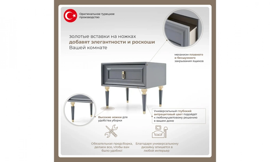 Тумба Прикроватная Lorenta Grey Turkey - фото 1